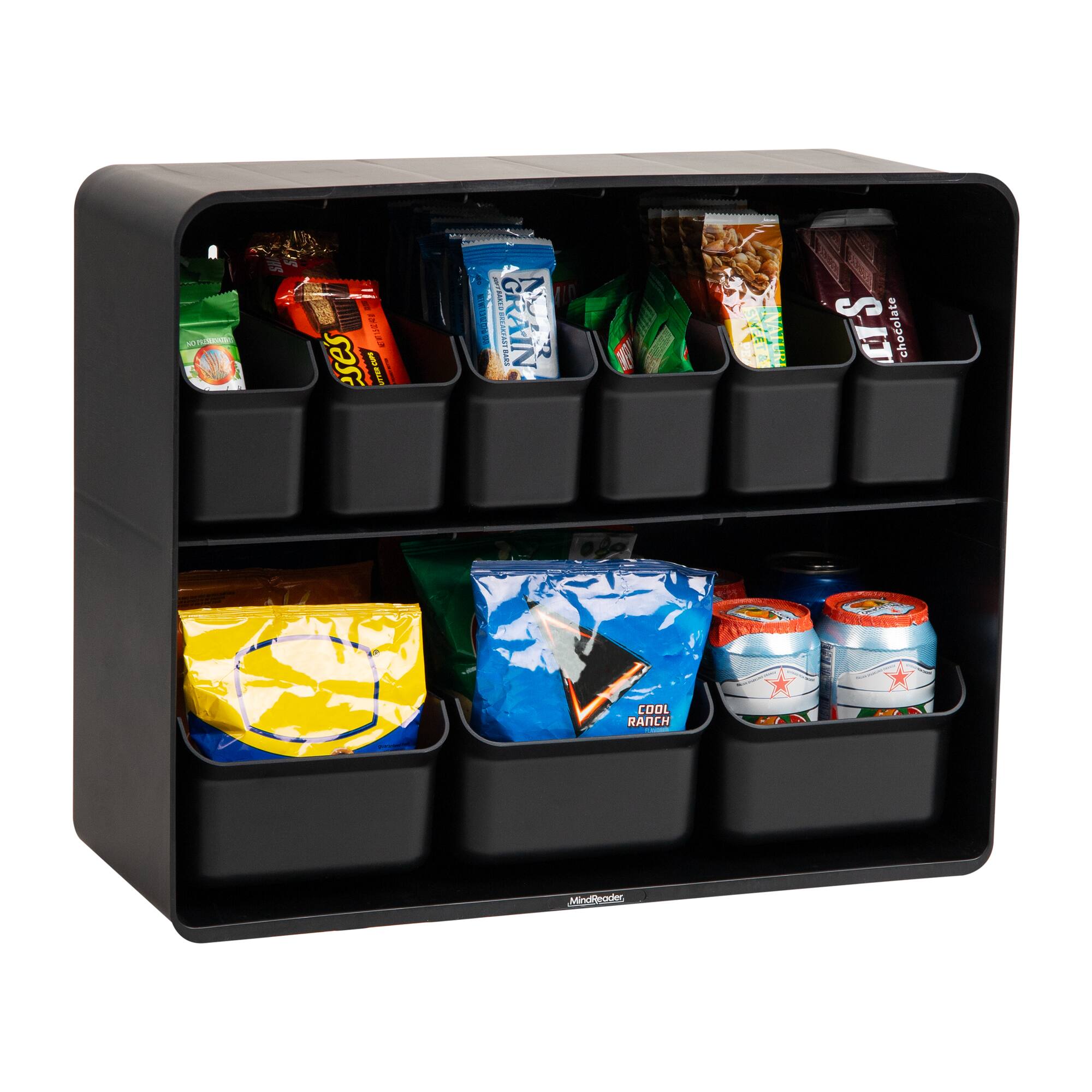 Mind Reader 18" x 7" x 14" Black Two-Tier Countertop Snack Organizer with Removable Bins